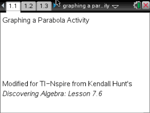 Quadratic Unit Activity #1: Graphing a Parabola