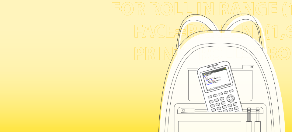 A drawing image of a school backpack with a TI-84 Plus CE Python graphing calculator in a pocket on a yellow background