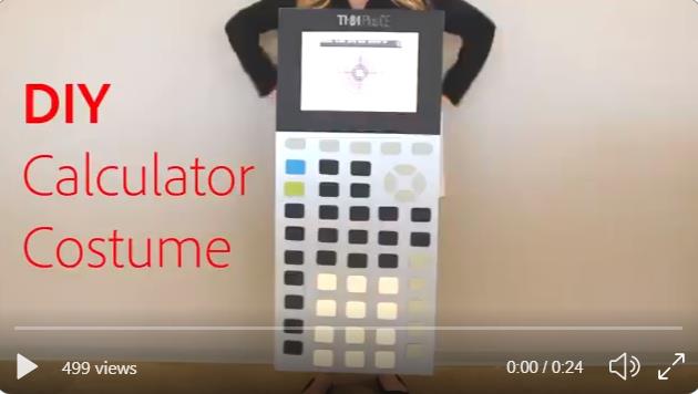 Video thumbnail of a woman in a TI-84 Plus costume. Text on left side says DIY Calculator Costume