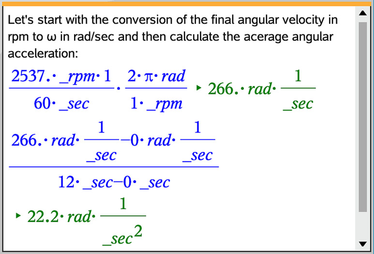 Conversion of angular velocity ⍵ and calculation of acceleration α.