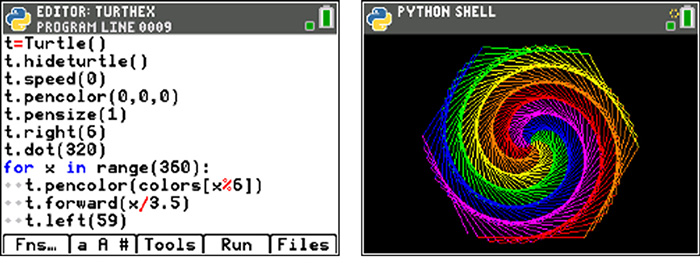 Turtle graphics on the TI-84 Plus CE Python graphing calculator.
