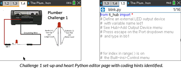Challenge 1 set-up and heart Python editor page with coding hints identified.