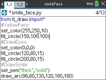 Python code screenshot on the TI-Nspire™ CX II graphing calculator to create a happy face emoji.