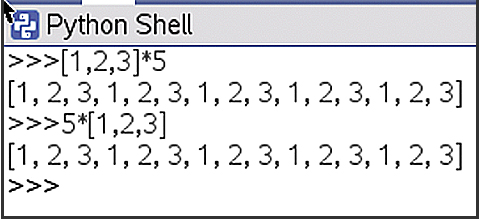 Python shell showing what the code  [1, 2, 3] * 5 creates.