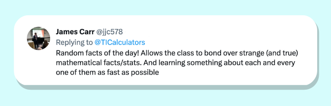Twitter post by James Carr who suggests teachers use random facts of the day to engage students and make learning math fun.