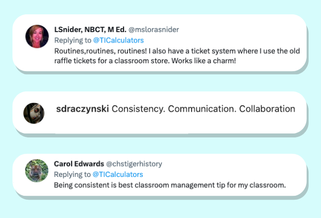 Social posts from teachers recommend routines and consistency as a pillar of a classroom management plan.