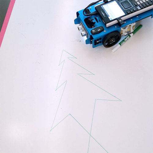 A TI-Innovator™ Rover drawing a programmed shape of a Christmas tree.