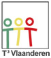 Logo lerarennetwerk T3 Vlaanderen, drie getekende mensen in groen, geel en rood