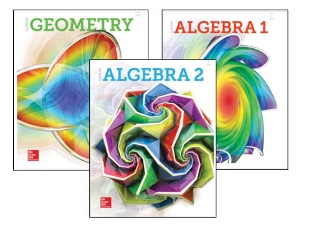 Geometry, Algebra 1 and Algebra c.2018 book covers