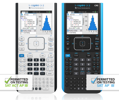 TI-Nspire CX II graphing calculators showing supported testing for SAT, ACT and IB