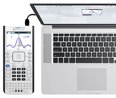 Shows a TI-Nspre CX II graphing calculator connected to a laptop on the nspireconnect.ti.com web app