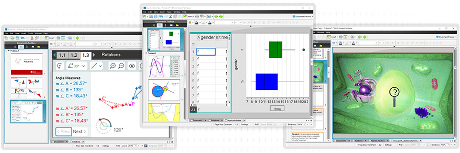 TI-Nspire CX CAS student software screens showing multiple functionalities.