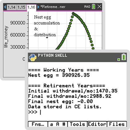 financial planning calculator screens on both TI-84 Plus CE Python and TI-Nspire graphing calculators