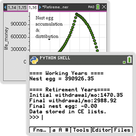financial planning calculator screens on both TI-84 Plus CE Python and TI-Nspire graphing calculators