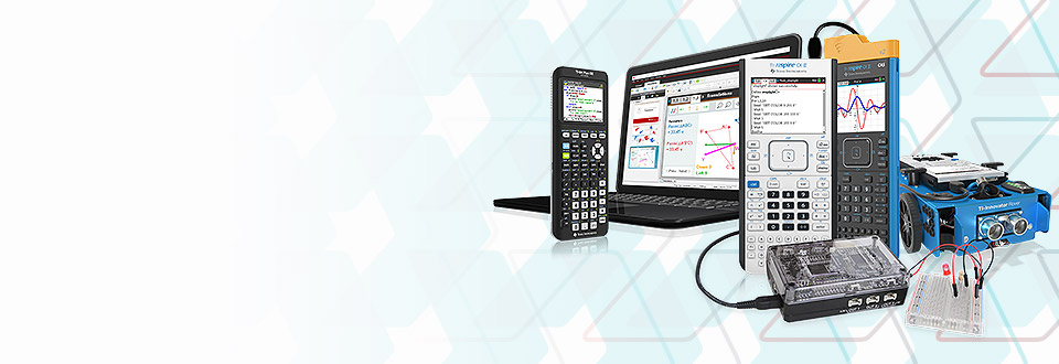 Hero image containg TI Technology: TI 84 Plus CE Python, TI-Nspire CX II, TI- Rover and TI-Innovator Hub and beadboard.