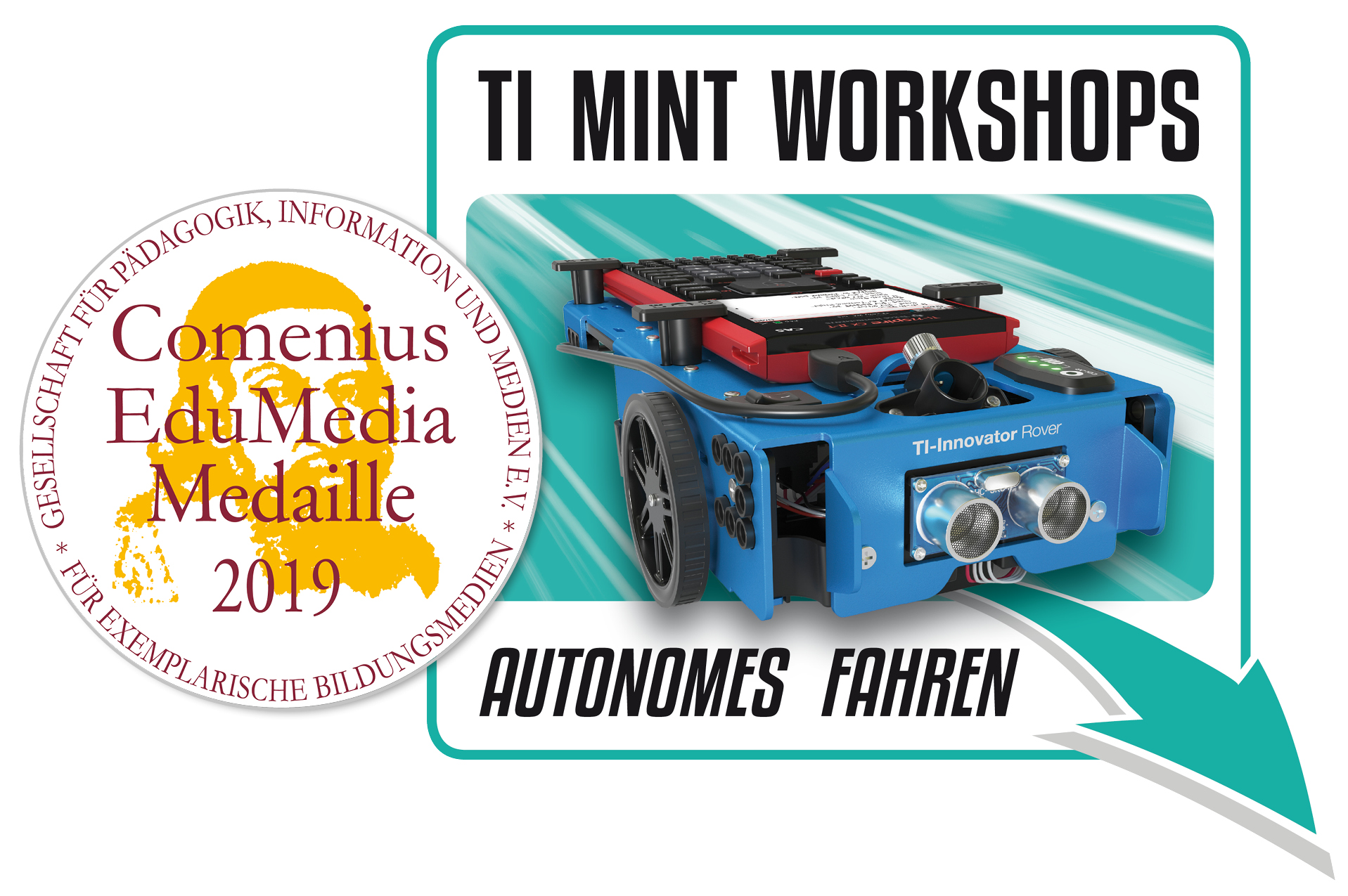 Logo des TI MINT Workshops zum autonomen Fahren, ausgezeichnet mit der Comenius EduMedia Medaille 2019 