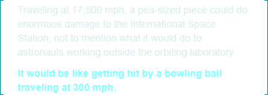 Traveling at 17,500 mph, a pea-sized piece could do enormous damage to the International Space Station, not to mention what it would do to astronauts working outside the orbiting laboratory. It would be like getting hit by a bowling ball traveling at 300 mph.