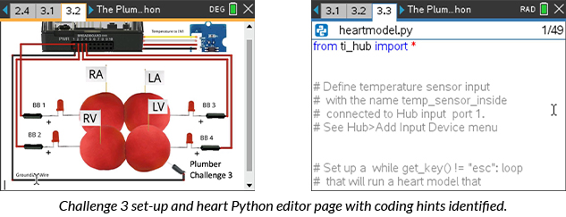 CChallenge 3 set-up and heart Python editor page with coding hints identified.